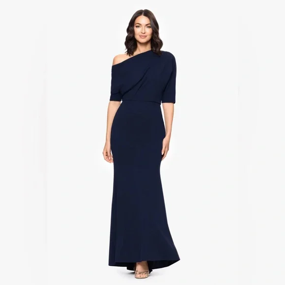 Betsy Adam Women’s 6 Madeline long maxi scuba crepe off the shoulder drop dress - Picture 1 of 11
